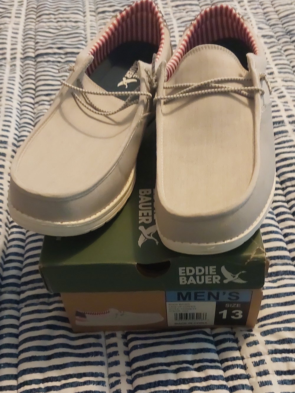 Eddie Bauer Men’s Light Beige Canvas Slip-On Loafers with Striped Lining
